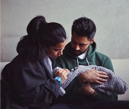 Hasan Minhaj with his wife Beena Patel and their second child
